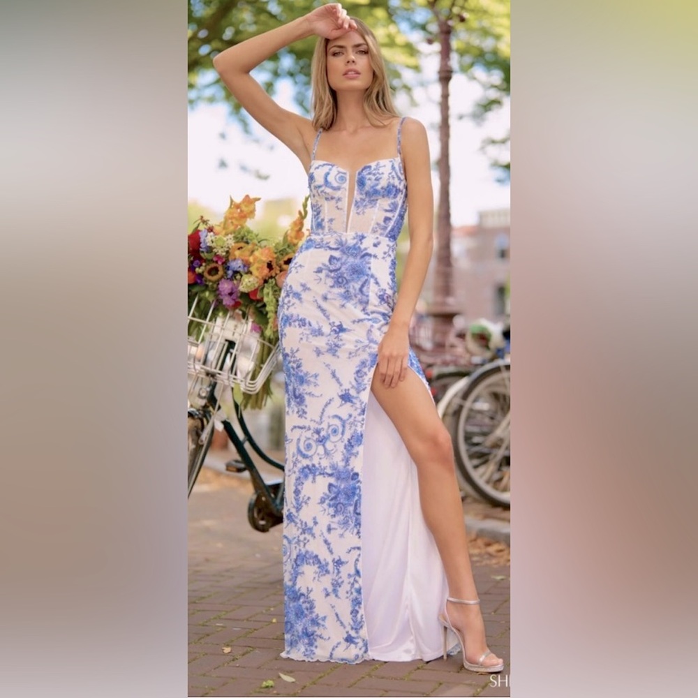 Sherri Hill 56319 Blue & White Embroidered Gown – Size 4 (Worn Once)